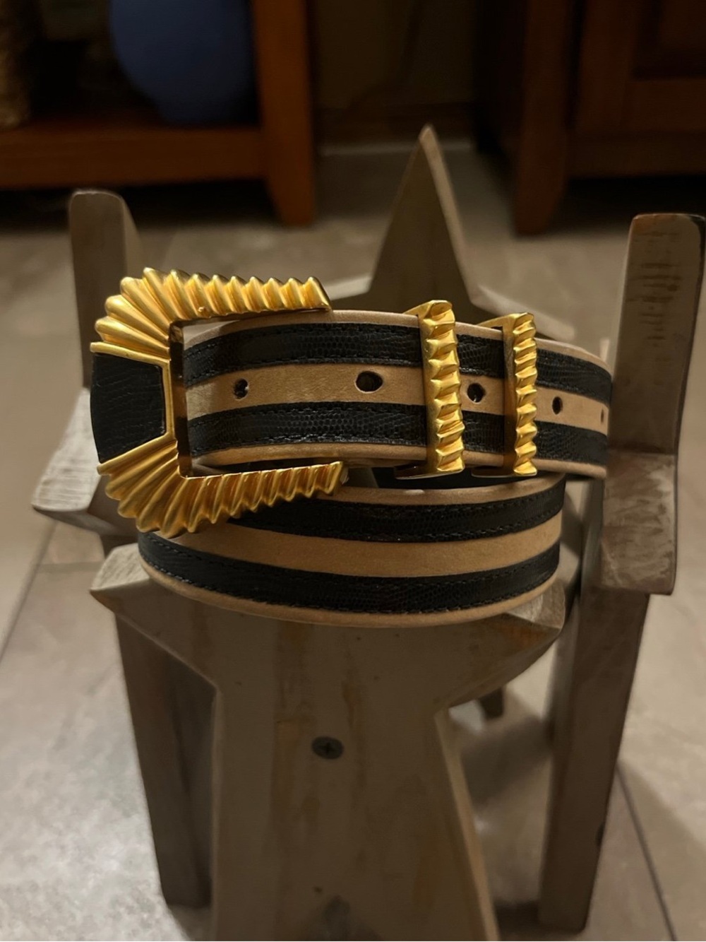 Vintage Carlisle Striped Black and Tan Leather Belt with Gold Buckle Size S